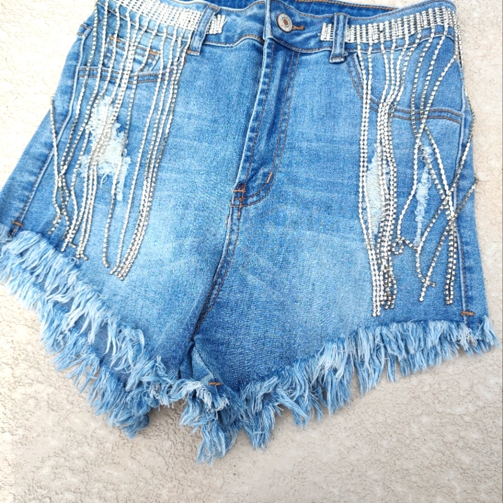 High waisted distressed rhinestone fringe jean shorts - Picture 10 of 16